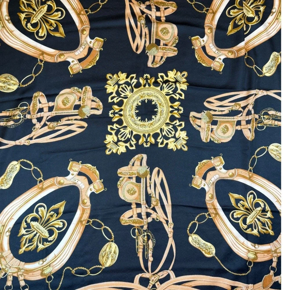 VTG Ray Strauss‎ Equestrian Scarf Black Gold Chain & Bit Fringe 46